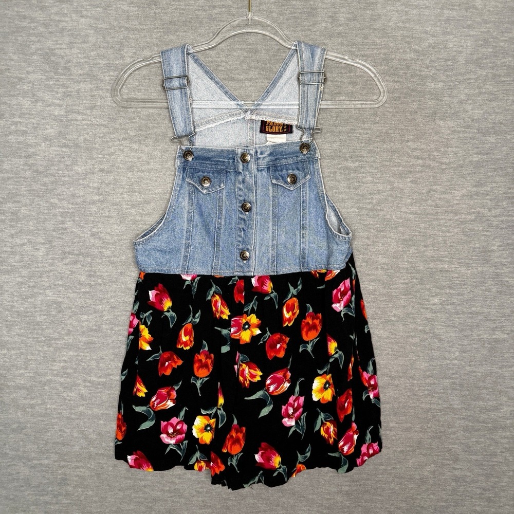 90s VTG Denim Overalls Shortalls Youth Size 12-14 Floral Bottom Shortall Romper